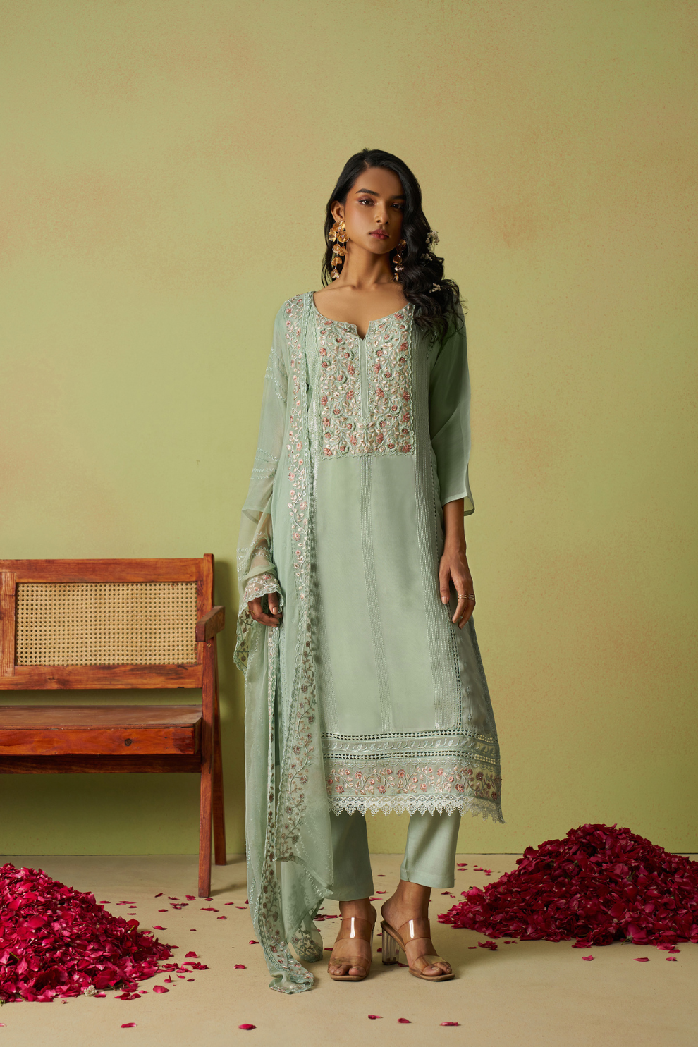 Pista Green Organza Eid Pant Suit Featuring Khatli Embroidery