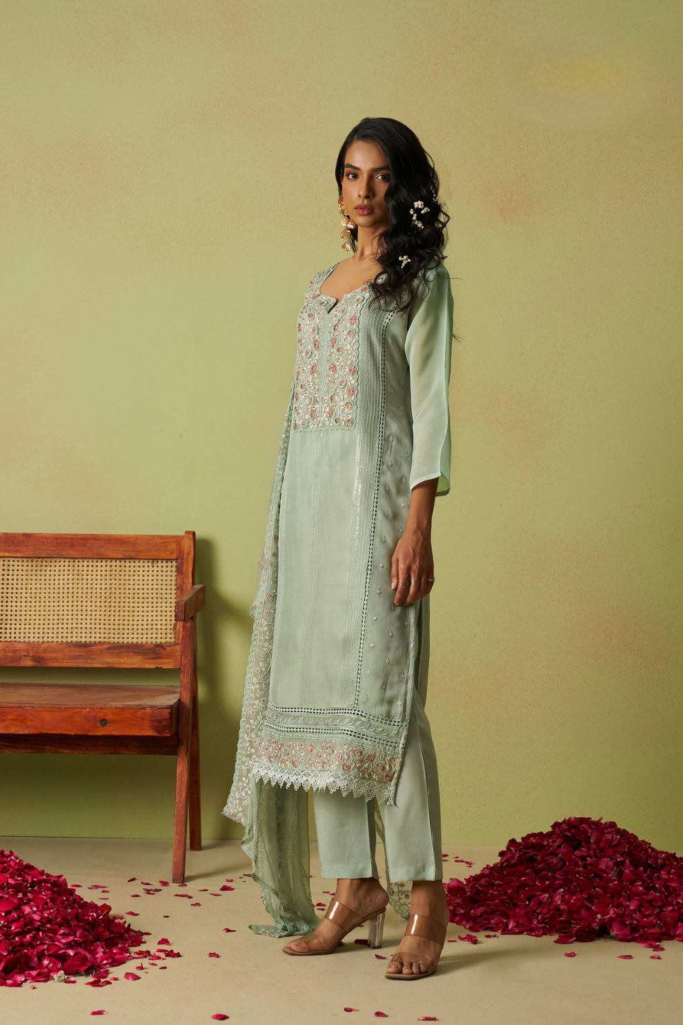 Pista Green Organza Eid Pant Suit Featuring Khatli Embroidery