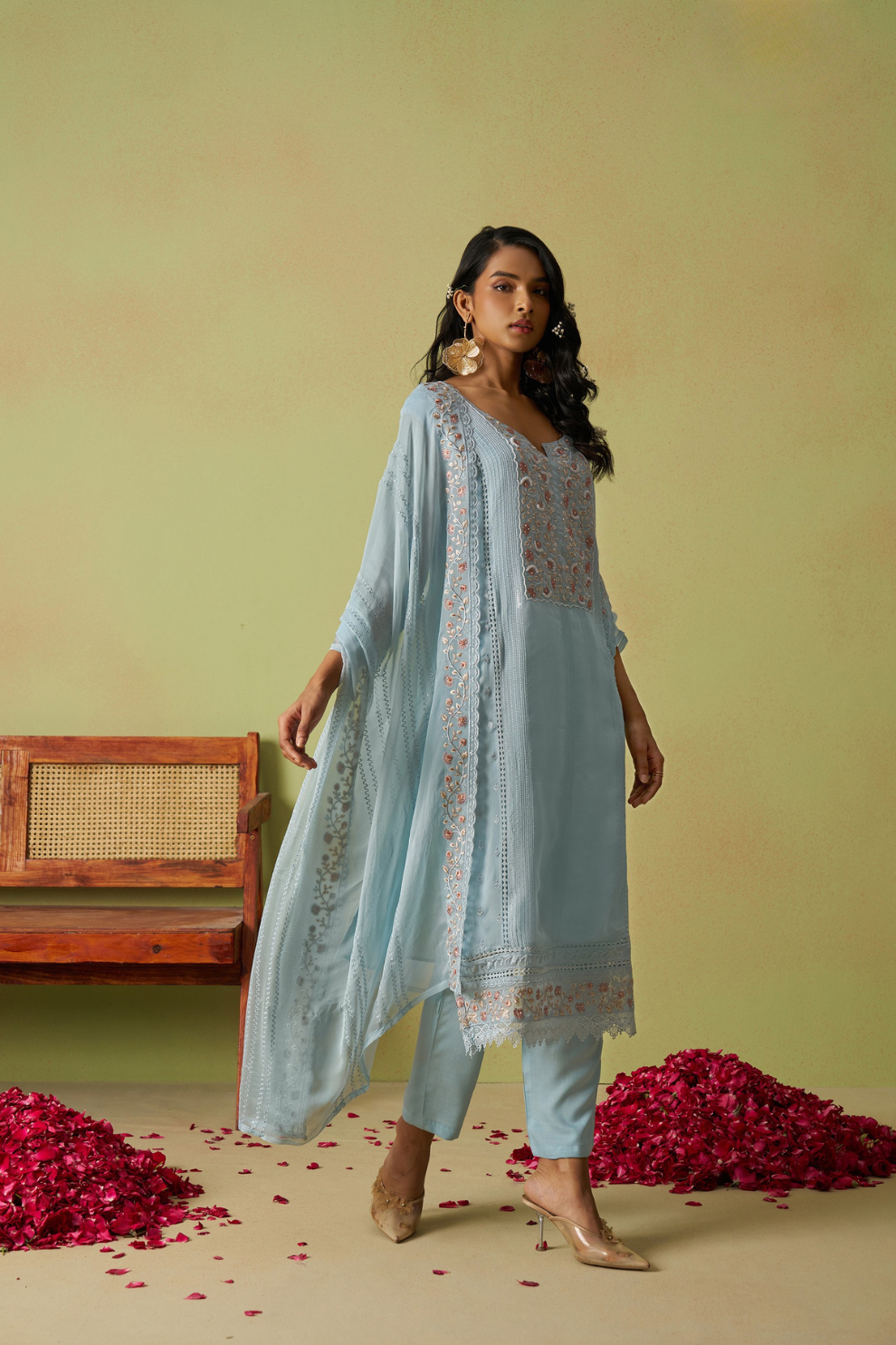 Traditional Indian Style Sky Blue Pant Suit with Embroidery