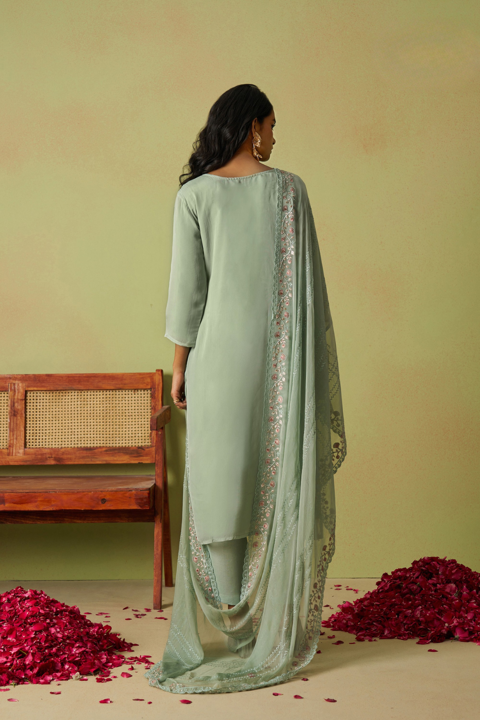 Pista Green Organza Eid Pant Suit Featuring Khatli Embroidery