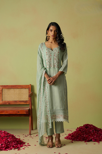 Pista Green Organza Eid Pant Suit Featuring Khatli Embroidery